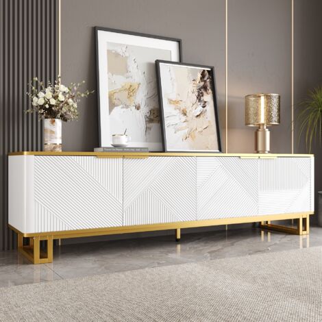 Mueble TV 160x37.5x48cm Panel Relieve Geométrico MDF Estructura Metal color Blanco
