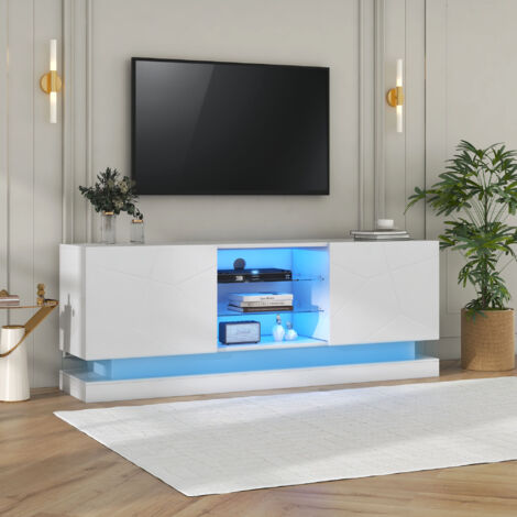 Mueble TV 160x38.5x60 cm con dos compartimentos internos cristal ajustable bisagras silenciosas acabado blanco esmerilado
