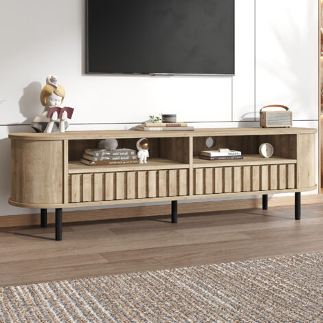 Mueble TV 160x40x48 cm con dos cajones tablero de fibra de densidad media color madera natural apto para TV de 65 pulgadas