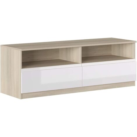 Mueble TV 160x44,5x53,5 cm blanco brillo y roble con dos cajones y dos compartimentos - Cosenza