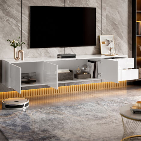 Mueble TV 170x30x30.5cm Sin tiradores Acabado brillo MDF color Blanco