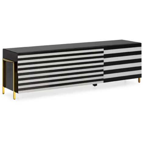 Mueble Tv 180X44X46 Cristal Blanco/Negro/Acero Dorado Champagne/Dm Negro
