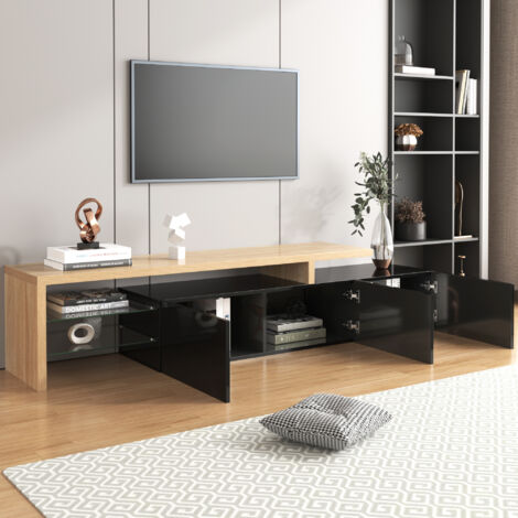 Mueble TV 197,5x39x42 cm con 3 puertas, apto para TV de 80 pulgadas, estantes de cristal, sin tiradores, TV muebles, MDF, negro y natural
