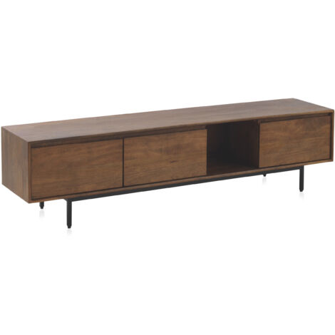 Mueble Tv 3 Puertas Lisas Madera Maciza De Mango, Patas Metal