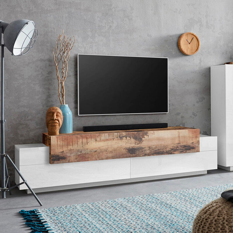

Mueble TV 4 estantes y 3 puertas abatibles diseño blanco madera Corona Low White