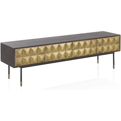 Mueble Tv 4 Puertas Frontal Metal Dorado Madera Maciza De Mango Con Patas Metal En Negro Y Oro