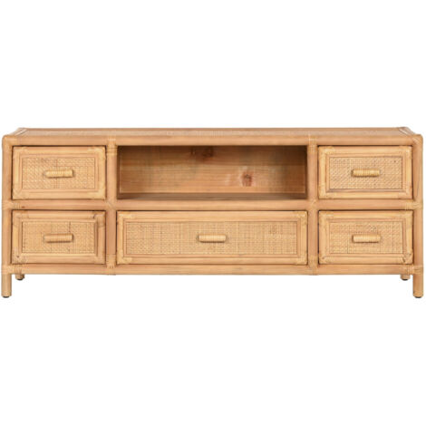 Mueble Tv Abeto Ratan 120X30X45 5 Cajones Natural