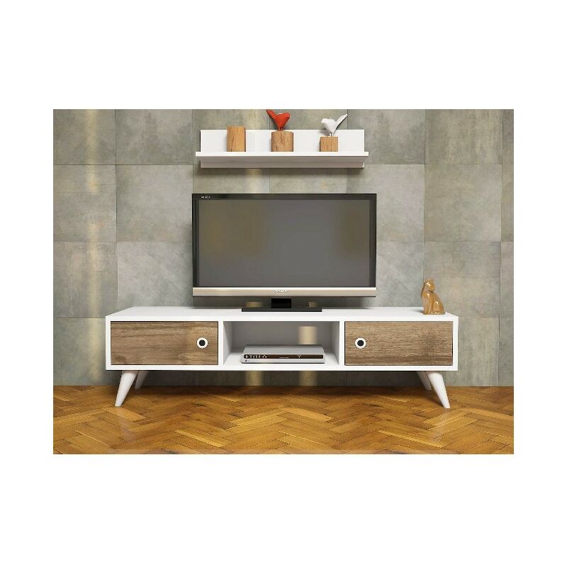 

Mueble TV Aspen Moderno - con Puertas, Estante, Compartimientos - para Salon - Blanco, Nogal en Madera, 130 x 40 x 35 cm
