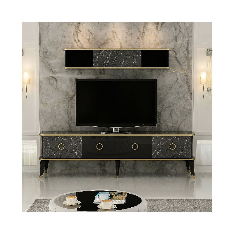

Mueble TV Bien con Puertas, Estante, Compartimientos - para Salon - Negro, Oro en Madera, 180 x 35 x 50 cm