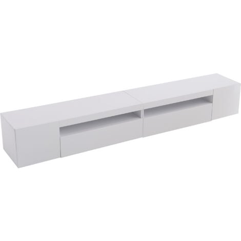 MODFU Mueble TV blanco 240x39x35cm con 4 puertas, LED, MDF, diseño moderno, estilo minimalista