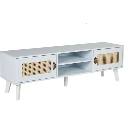 Mueble TV blanco crema beige 140 x 39 cm MDF 2 estantes frentes de ratán Parton