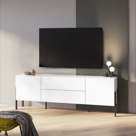 Mueble TV blanco de diseño moderno para salón con 2 puertas y 2 cajones Kaveh