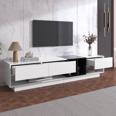 Mueble TV blanco y negro 190x40x42cm con 3 cajones, compartimentos de almacenamiento abiertos, estilo sencillo, diseño moderno, tablero de partículas