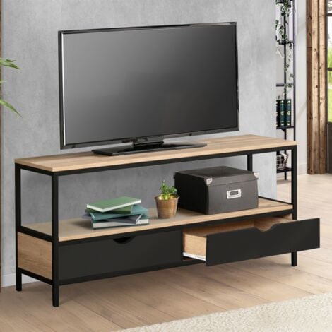 Mueble TV BOSTON 2 cajones negro diseño industrial 113 cm