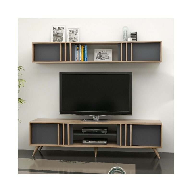

Mueble TV Bren Moderno - con Puertas, Estante, Compartimientos - para Salon - Nogal, Antracita en Madera, 180 x 35 x 48 cm