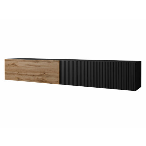 Mueble TV Calveru 101, Negro + Roble wotan, Número de puertas: 0, Número de cajones: 0, 200x31x30cm