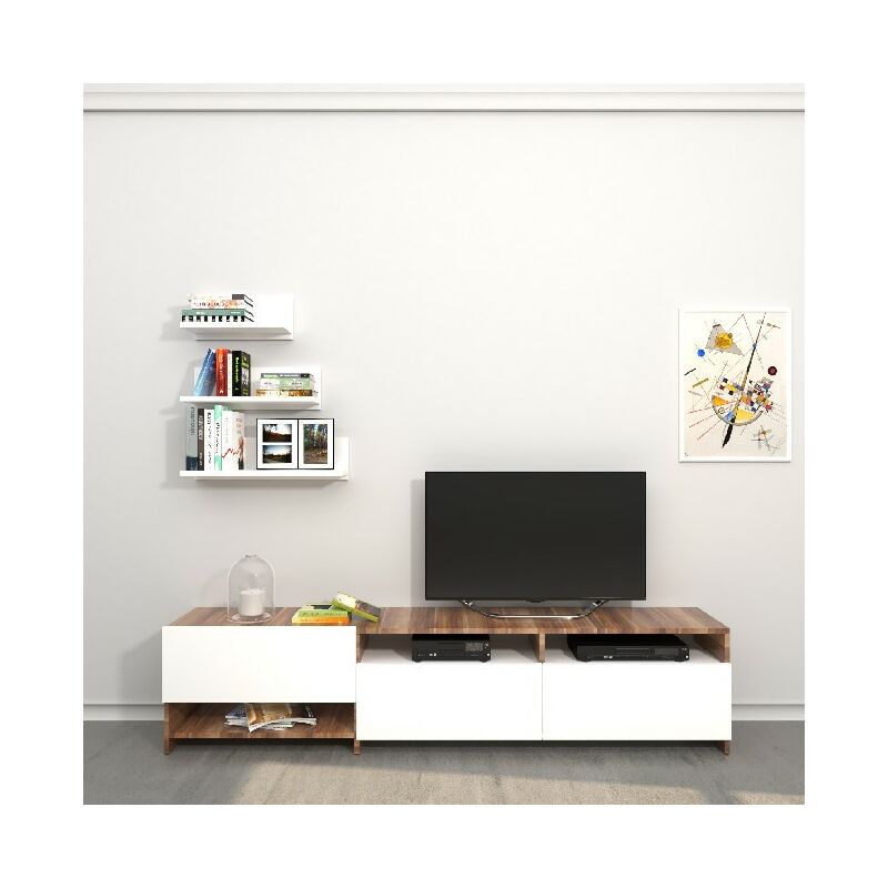 

Mueble TV Campbell - con estanterias, estantes, puertas - de la sala de estar - Blanco, Madera en Madera, 180 x 28,4 x 40 cm