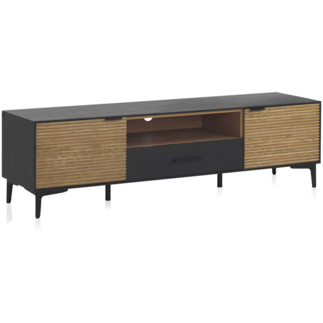 Mueble Tv Chapado En Fresno Negro Con Puertas Naturales Y Patas De Metal Negro