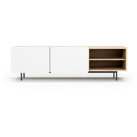 Mueble TV, colección BISCUIT, en melamina con 2 puertas y 2 estantes abiertos en un extremo. Roble-Blanco