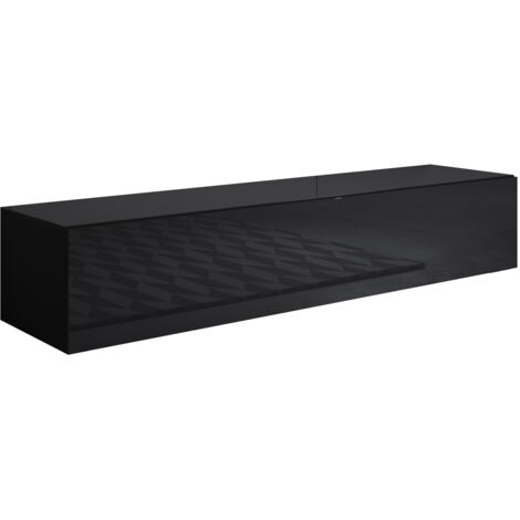 Mueble TV Colgante  Mueble de televisión  Mueble de Salón  1 puerta 3 compartimentos  160x30x40cm  Modelo Luke H2  Negro Acabado en Brillo