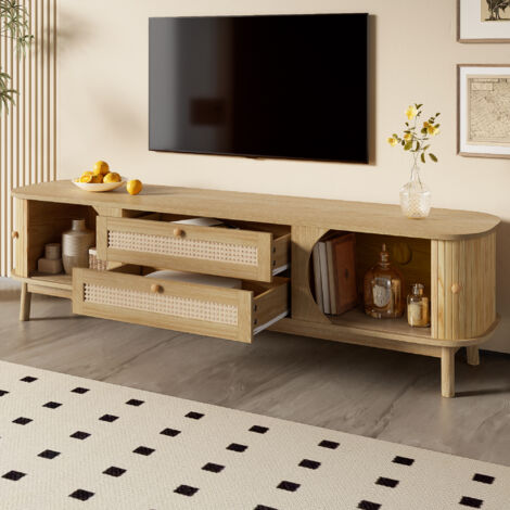 Mueble TV con 2 Puertas Correderas y 2 Cajones de Ratán, Estilo Natural, 170×39,5×46 cm, MDF, Natural