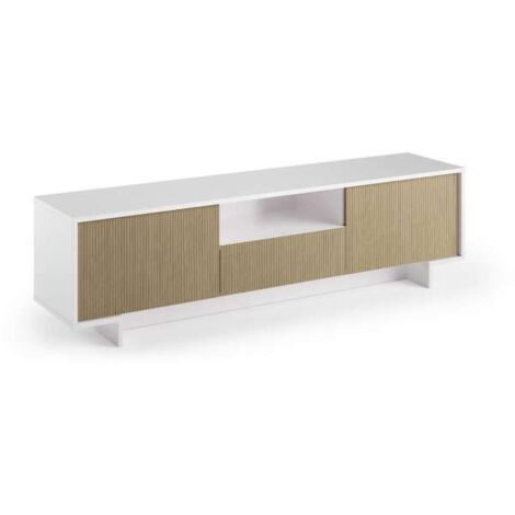 Mueble TV con 2 puertas y cajón central en canalé blanco claro