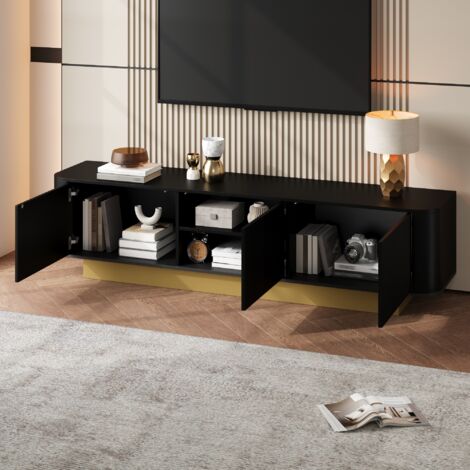 Mueble TV con 3 Puertas, Estante Ajustable y Pasacables, MDF y Tablero de Partículas, Negro, 170×40.5×47 cm