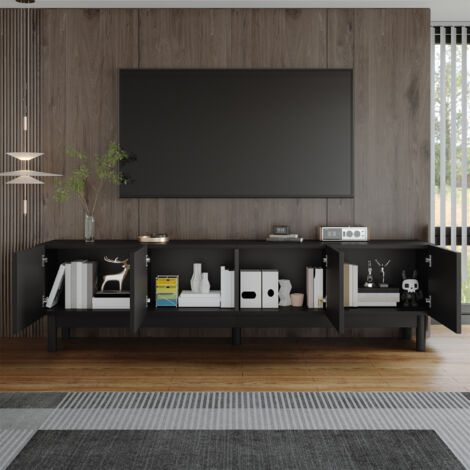 Mueble TV con 4 Puertas y Estantes, Frentes Ondulados sin Tiradores, para Salón, MDF y Tablero de Partículas, Negro, 169 × 34 × 45.5 cm