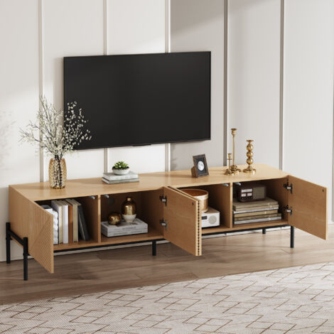 Mueble TV con 4 Puertas y Pasacables, Apertura a Presion, Textura 3D, para Salon, MDF, Natural, 163.5 x 40 x 45 cm