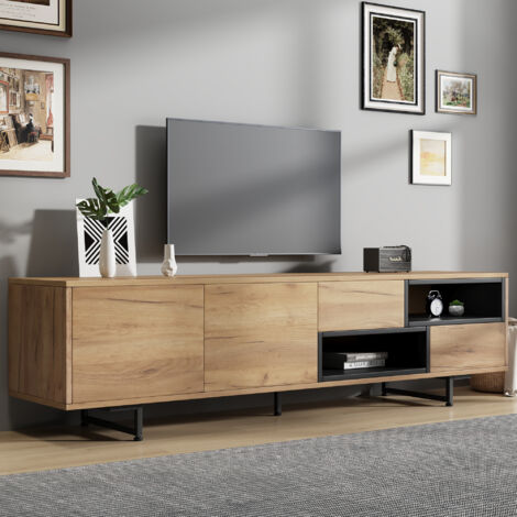 Mueble TV con chapa de madera estantes trapezoidales acomoda un televisor de 70 pulgadas 173x38x48 cm