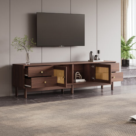 Mueble TV con dos puertas de ratán cuatro cajones fabricado en tableros de partículas 180x35x44 cm color marrón