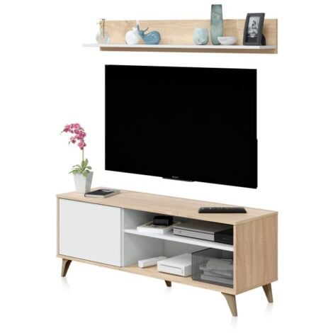 MIRAKEMUEBLE Mueble TV con estante Kikua Plus Blanco Artik (Blanco Mate) - Roble Canadian 135cm (ancho) x 50cm (alto)