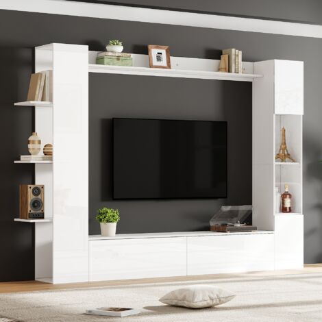 Mueble TV con estantes, puerta de acrílico y 2 puertas abatibles, en blanco, 228x30x170 cm