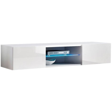 Mueble TV con LED  Mueble de televisión  Colgante  Mueble de Salón  2 puertas 2 compartimentos  160x30x38,5cm  Modelo Tibi  Blanco