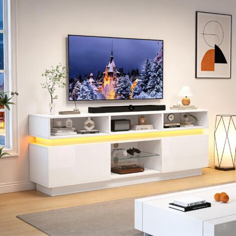 Mueble TV con LED, vidrio templado, 10 compartimentos y puertas brillantes, en blanco, 160x35x60 cm