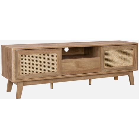SWEEEK Mueble TV con puertas correderas, taquilla, estante efecto madera y caña 150cm
