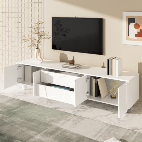 Mueble TV con Puertas y Cajones, Patas de Madera Maciza, Estilo Minimalista, para Salón, PB, Blanco, 180×40×42 cm