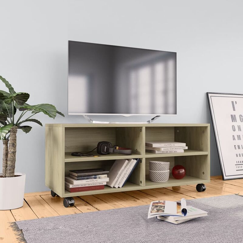 

Mueble TV con ruedas aglomerado color roble Sonoma 90x35x35 cm