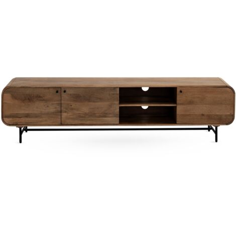 Mueble tv contornos curvos 3 puertas madera maciza de mango, patas metálicas negras