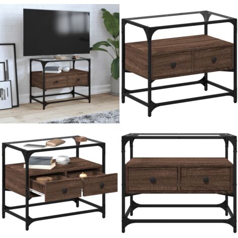 Mueble TV cristal y madera ingeniería marrón roble 60x35x51 cm - Mueble de tv cristal y madera - Mueble de tv marrón roble