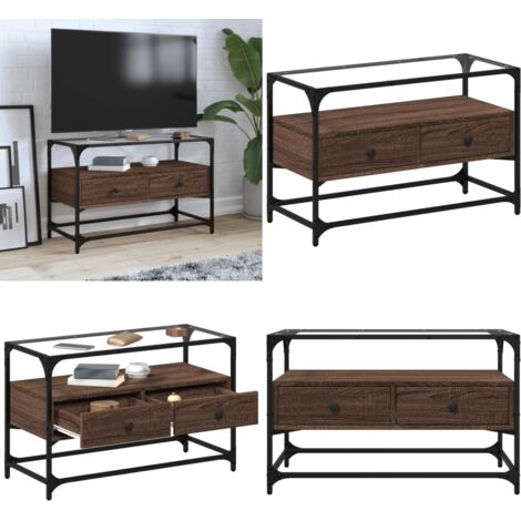 Mueble TV cristal y madera ingeniería marrón roble 80x35x51 cm - Mueble de cristal y madera - Mueble industrial