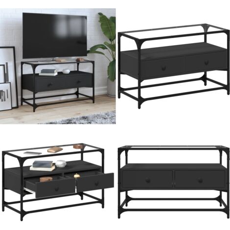 Mueble TV cristal y madera ingeniería negro 80x35x51 cm - Mueble de tv negro - Mueble de tv cristal y madera