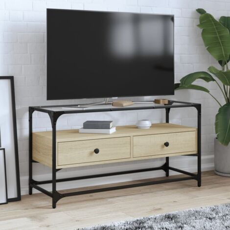 Mueble TV cristal y madera ingeniería roble  98x35x51 cm