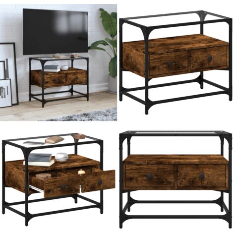 Mueble TV cristal y madera ingeniería roble ahumado 60x35x51 cm - Mueble de tv cristal y madera - Mueble de tv roble ahumado