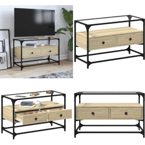 Mueble TV cristal y madera ingeniería roble Sonoma 80x35x51 cm - Mueble de cristal y madera - Mueble de tv industrial