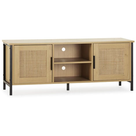 VS VENTA-STOCK Mueble TV Cruz 2 Puertas Color Roble con ratán Natural, 120 cm