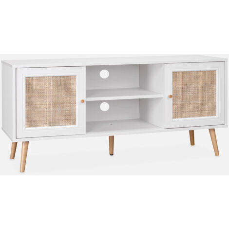 Mueble TV de caña trenzada, 120cm, Boheme, Blanco roto, 120x39x56.5 cm