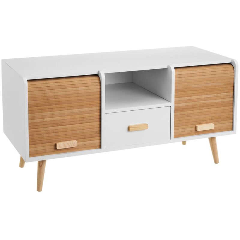 

Mueble TV de madera MDF blanco y natural de 1 cajón y 2 puertas de 80x35x42 cm