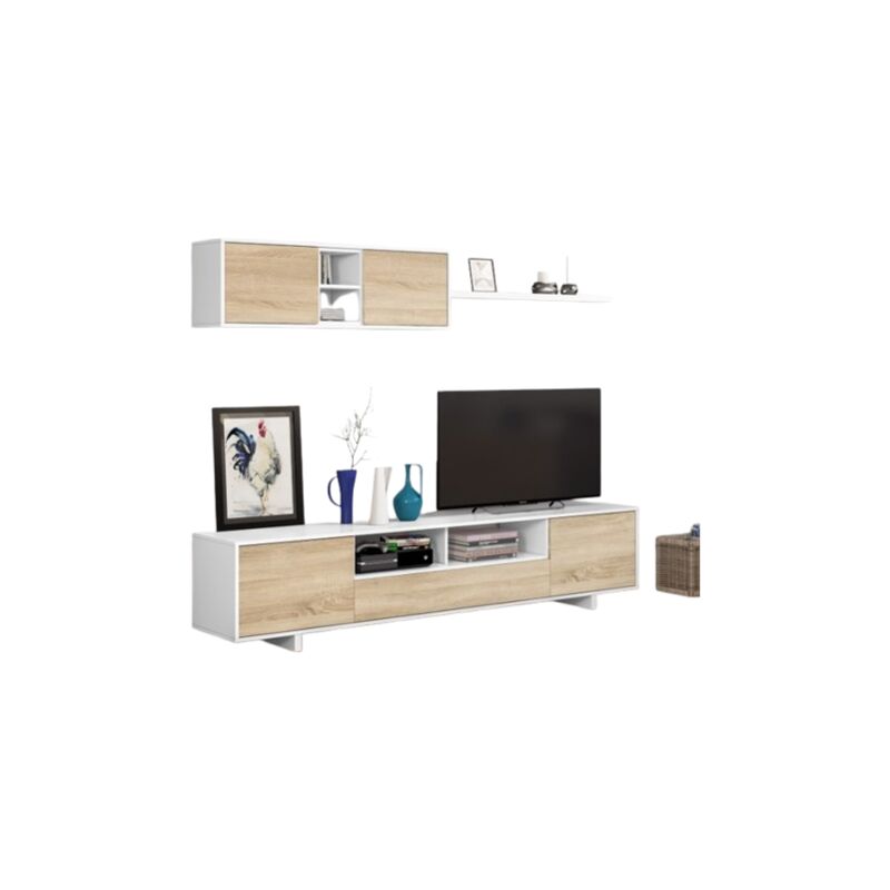 

Mueble TV de pared 200 cm Blanco brillante y roble canadiense | Roble claro/blanco