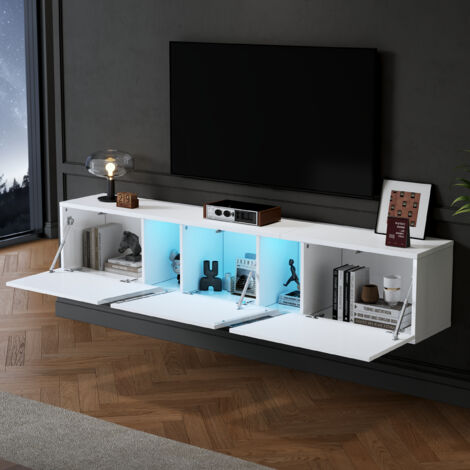 Mueble TV de Pared con 3 Puertas Abatibles y LED, Blanco Brillo, Estilo Moderno, en Tablero de Partículas, 180×35×30 cm